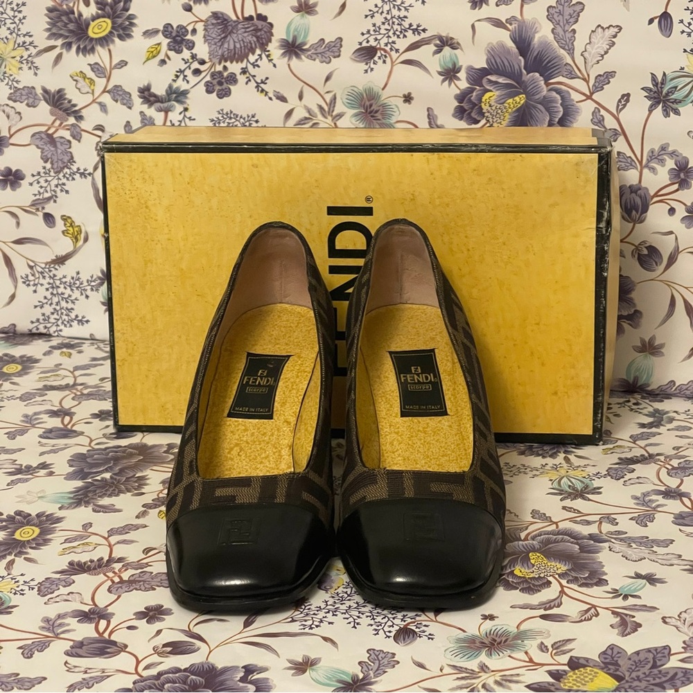 Fendi Zuca Black and Brown Heels Authentic